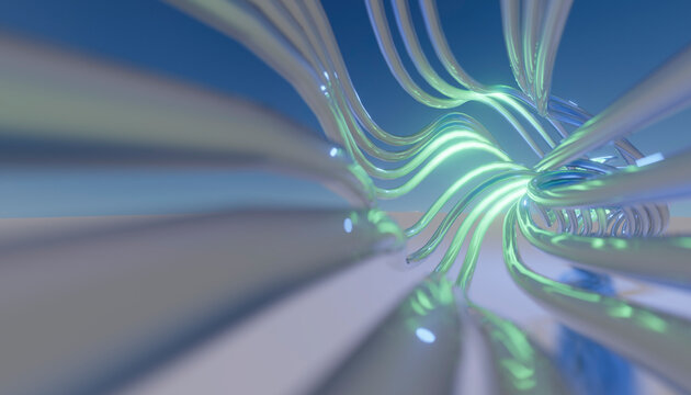 Abstract glowing fiber optic lines in futuristic tunnel