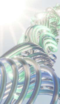 Abstract glossy metal coils with iridescent glass detail