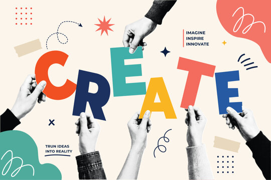 Halftone Collage with Hands Holding Colorful Letters Spelling Create. Imagine Inspire Innovate Concept. Creativity and Teamwork in Retro Pop Art Style with Bold Typography