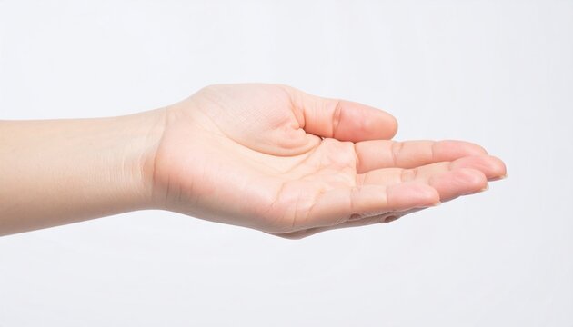 An open female palm, outstretched and presenting an invisible object toward the viewer against a seamless white background.