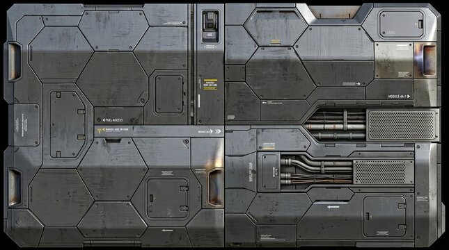 Detailed futuristic sci-fi grungy metal panel texture with pipes, vents, and warning signs. Ideal for backgrounds, game assets, industrial design, or cyberpunk themes.