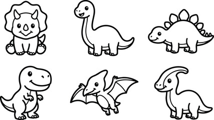 Cute black and white line art cartoon dinosaurs set of six © Royal Ability