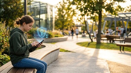 Fototapeta premium Young girl using smartphone while sitting on a bench in a park, digital security icon displayed on screen, people walking in the background during sunset