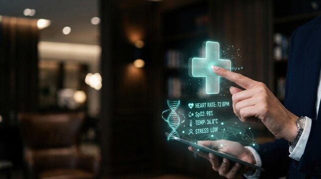 Male healthcare professional interacts with holographic health data display while using a tablet in a modern office environment with soft lighting and wooden accents