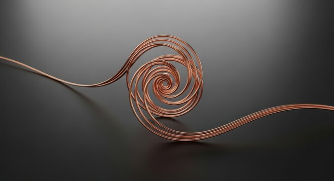 Abstract copper wire spiral shape on a dark smooth background
