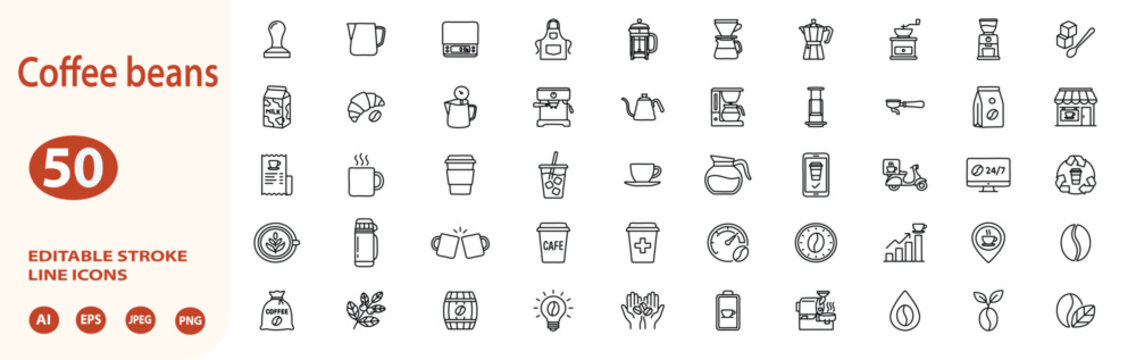 Coffee beans line editable icon set. cafe barista brewing equipment espresso machine, coffee shop cup mug moka pot grinder french press, organic beverage roaster delivery bag. Editable stroke. Vector 
