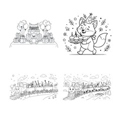 Obraz premium Birthday cake with gifts and fox with cupcakes for children coloring page illustration set