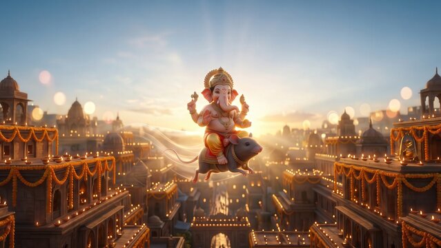 Ganesha Riding Mushak Above Festival Lights &ndash; Ganesh Chaturthi Celebration.