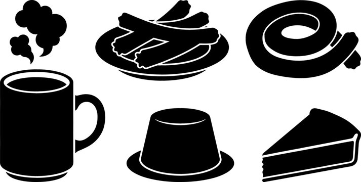Spanish Dessert and Breakfast Silhouette Icon Set with Churros Hot Chocolate Mug Porras Spiral Pastry Flans Custard and Tarta de Santiago Cake Vector
