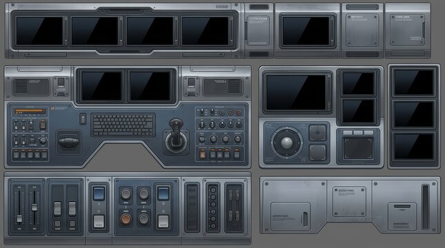 Modular sci-fi control panel trim sheet texture with digital displays and joysticks, futuristic spaceship cockpit dashboard instruments for server room environment design