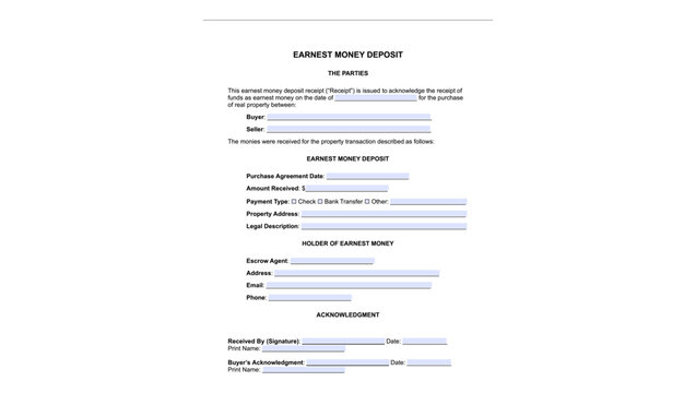 Earnest Money Deposit Receipt fillable form, color vector illustration