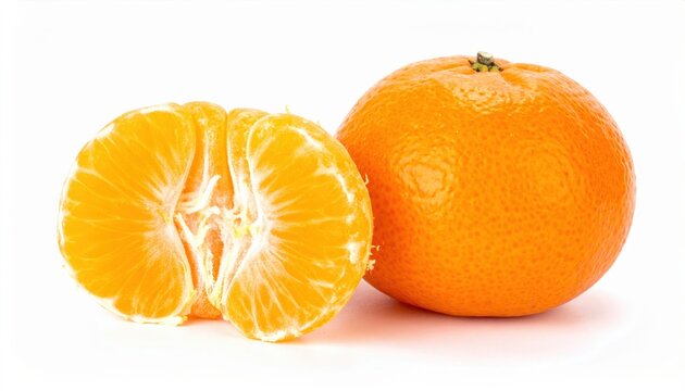 One whole, half and peeled piece of tangerine, mandarin or clementine on white background, isolated citrus fruit.