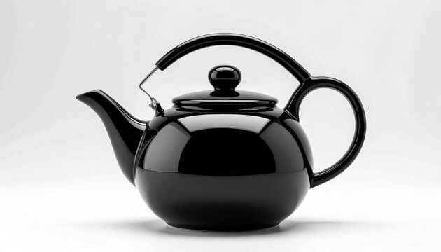 A premium product shot of a glossy black ceramic teapot with a modern geometric handle, isolated on a seamless white background.