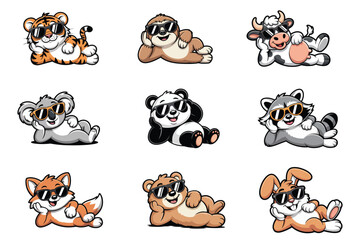 Fototapeta premium Cute Funny Cool Relaxed Animal Characters with Sunglasses Mascot Bundle – Flat Vector Clipart Set