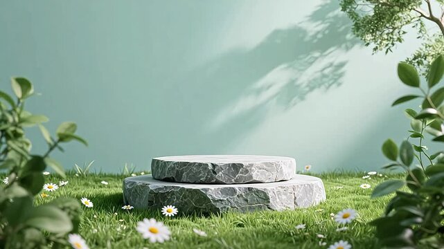 Gray stone slabs on green lawn