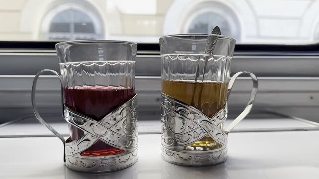Traditional hot tea served in glass holders inside passenger train, cozy railway travel, window seat, slow journey, authentic transportation experience and comfort.