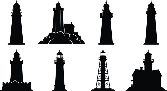 Vintage Lighthouse Silhouette Collection Vector Icons for Coastal Navigation and Maritime Design