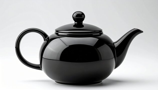 A premium product shot of a glossy black ceramic teapot with a modern geometric handle, isolated on a seamless white background.