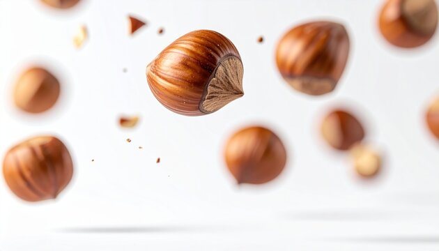 Flying hazelnut action: A creative studio shot of a single brown hazelnut flying through the air, isolated on white.