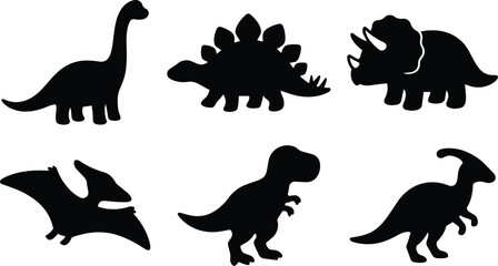 Black silhouette vector art of six different dinosaur shapes on white © Royal Ability