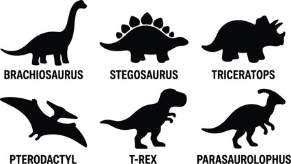 Silhouettes of six dinosaur species with names in black vector art © Royal Ability
