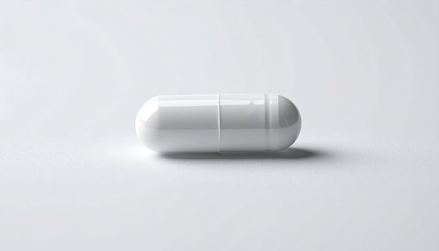 White pill capsule isolated: A minimalist clean shot of a single white medical pill capsule, isolated on a white background.