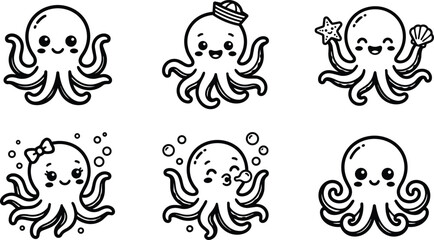 Cute black and white happy octopus icons with sailor hat and shells © Royal Ability