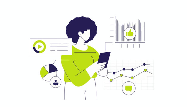 Person managing digital data and online performance, interacting with analytics charts and reports on a smartphone, depicting modern business intelligence and content strategy