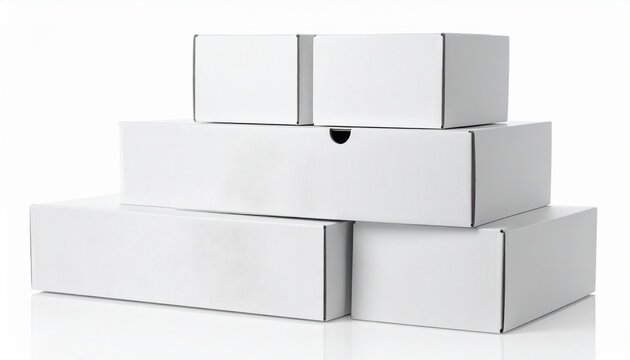 A stack of clean white cardboard delivery boxes neatly piled together, ready for shipping and logistics business, isolated on white.