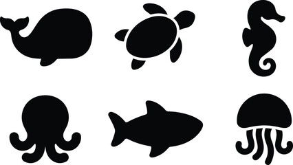 Black silhouette of whale turtle seahorse octopus shark and jellyfish vector art © Royal Ability