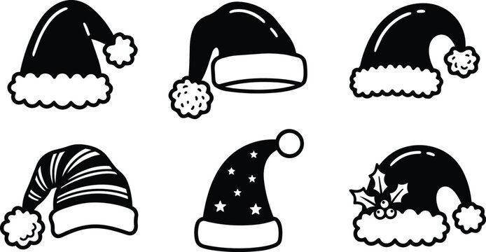 Black and white santa hats collection with pom poms and holly berry decoration