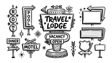 Retro midcentury roadside motel and diner signs vector illustration set with travel lodge pool and vacancy indicators © Artastic