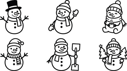 Fototapeta premium Six cute winter snowmen with hats and scarves