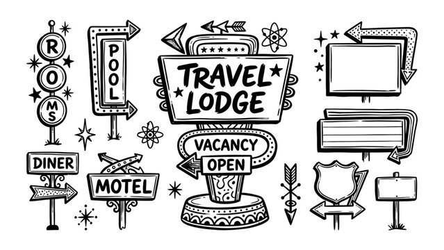 Retro midcentury roadside motel and diner signs vector illustration set with travel lodge pool and vacancy indicators