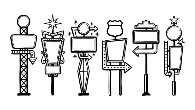 Retro roadside motel sign vector illustrations hand drawn doodle set with blank frames and arrows for vintage design