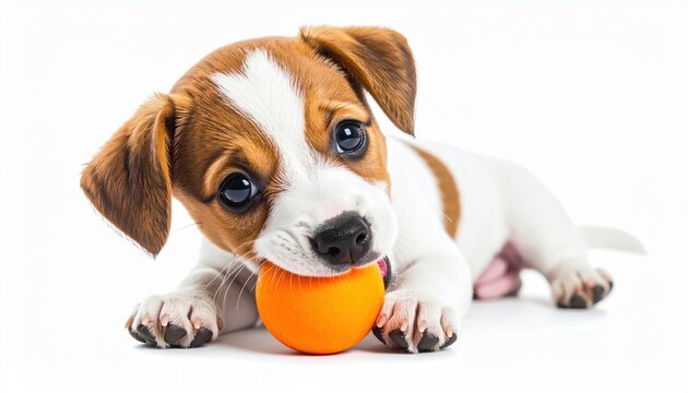 Jack Russell puppy playing: A cute lively Jack Russell Terrier puppy biting onto a bright chew ball toy, isolated on a pure white background.