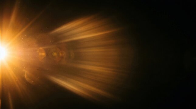 Golden sun flare with light rays on black background. Abstract burst of glowing beams. Optical lens effect for creative overlay. Radiant shine and starburst element for design.