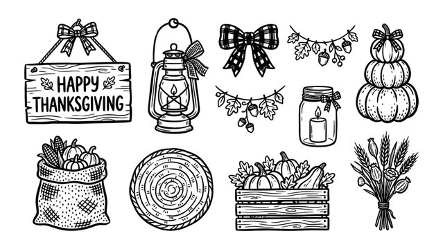 Rustic Thanksgiving and autumn doodle vector set featuring hand drawn pumpkins lantern wooden sign and harvest elements