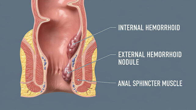 Vivid illustration of the human anal canal, precisely mapping internal and external hemorrhoid development