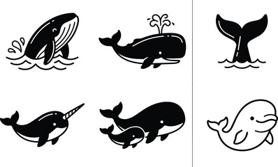 Black and white whale and narwhal vector art set with baby ocean animals © Royal Ability