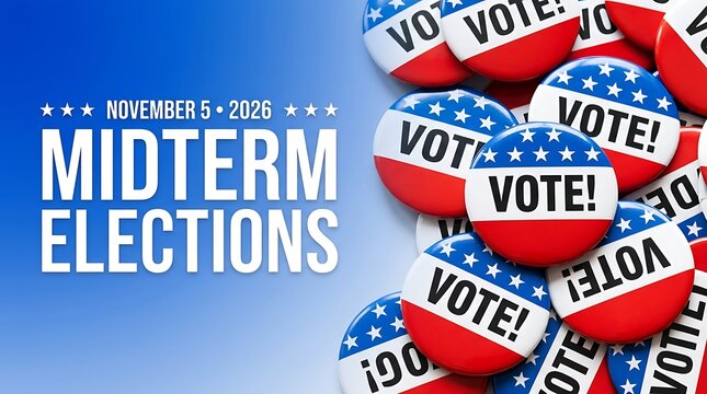 Midterm elections voting day concept with red white blue stickers. Political campaign democracy event with vote badges on bright background.