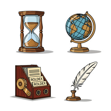 Set of vintage office and study desk accessories including hourglass globe rolodex and quill.