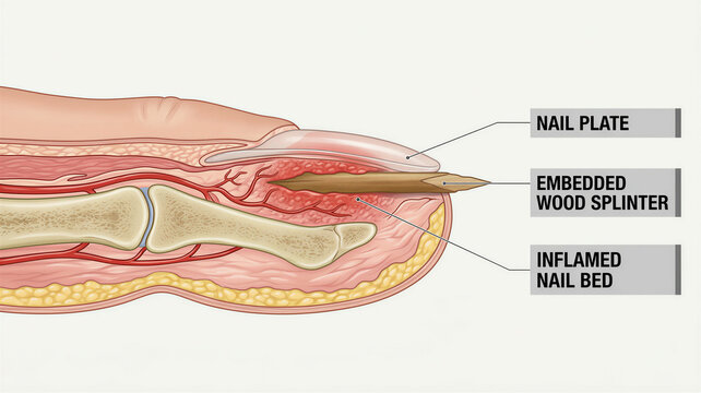 Painful wood splinter deeply embedded beneath the human fingernail causing significant inflammation in the delicate nail bed