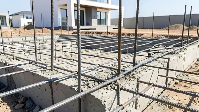 Steel reinforcement bars grid for concrete foundation at residential construction site, modern house building concept