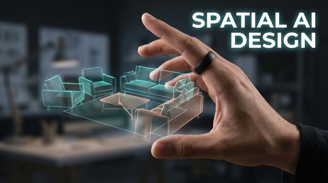 Futuristic augmented reality experience for interior design, showcasing a hand interacting with a holographic 3D model of a living room space