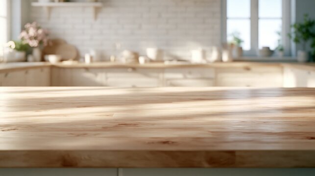 Bright and airy kitchen interior featuring a wooden countertop, with sunlight streaming through windows, showcasing a minimalist design with potted plants and dishware arranged on shelves 