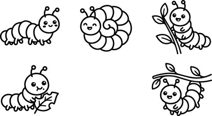 Fototapeta premium Cute cartoon caterpillars in different poses with leaves and branches vector art line drawing