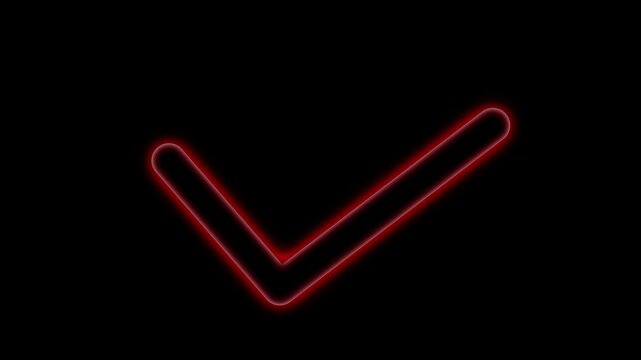 Glowing orange check mark icon with a neon light effect on a dark black background representing success and approval.4k video.