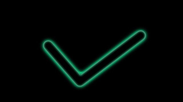 Glowing orange check mark icon with a neon light effect on a dark black background representing success and approval.4k video.