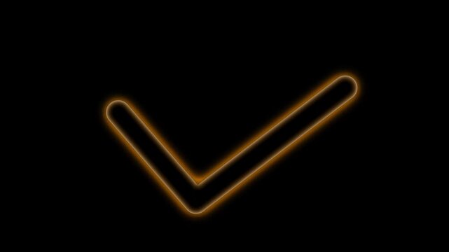 Glowing orange check mark icon with a neon light effect on a dark black background representing success and approval.4k video.